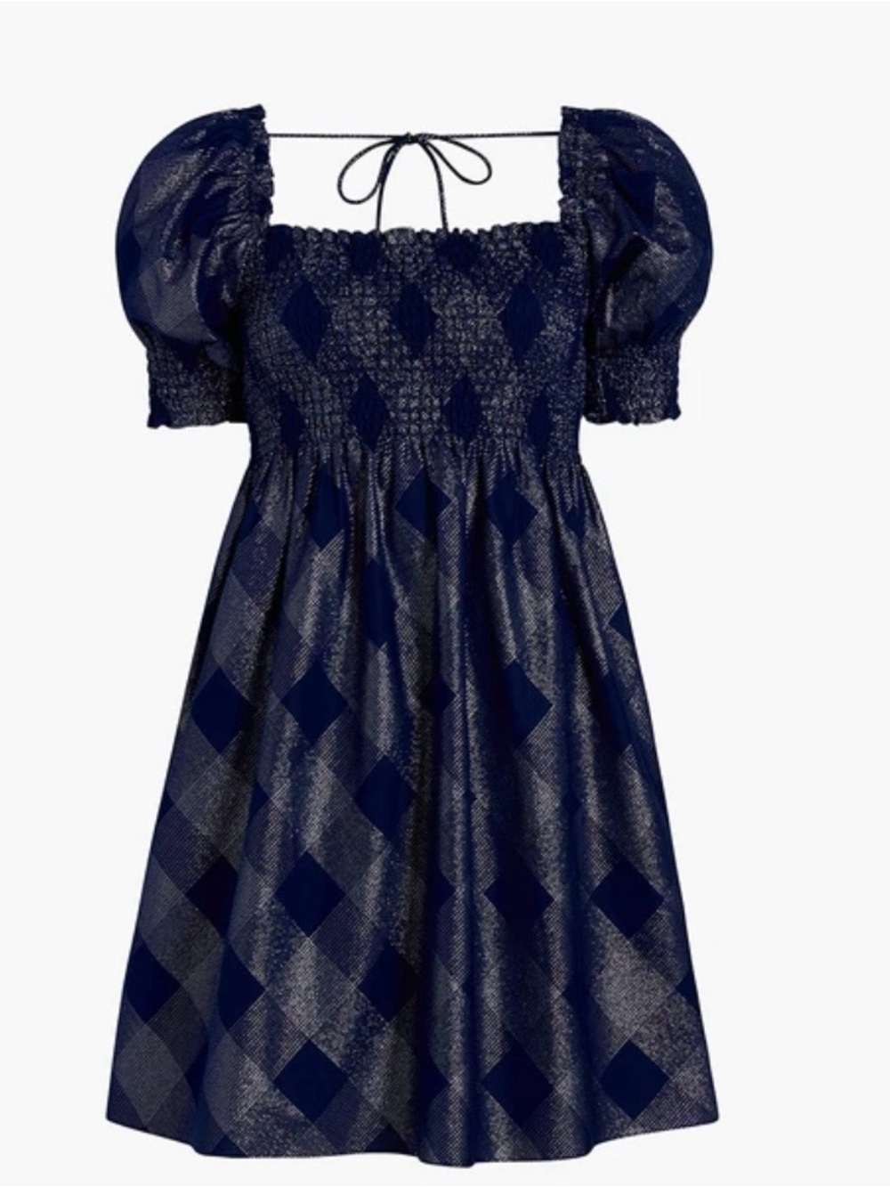 Hill House Athena Nap Dress Navy Metallic Smocked Plaid Puff Sleeves M
